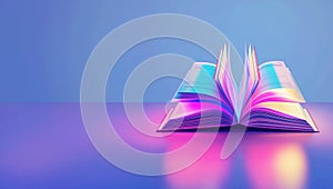 An open book with glowing pages in pink and blue light pastel colors.