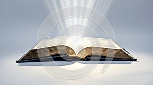 Open book with glowing pages on a reflective surface, rays of light emanating from the center