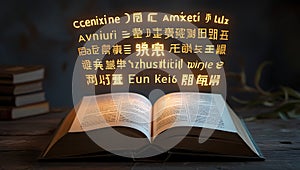 Open book with glowing words in multiple languages