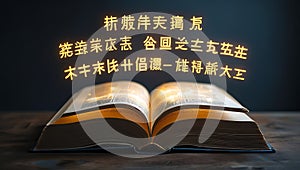 Open book with glowing words in multiple languages