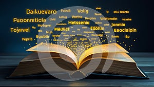 Open book with glowing words in multiple languages
