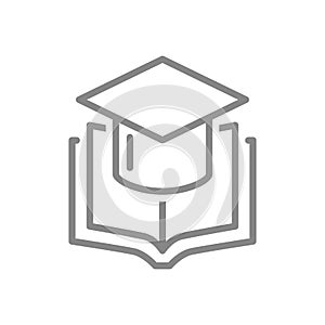 Open book with graduation cap line icon. College, higher education, graduation university symbol