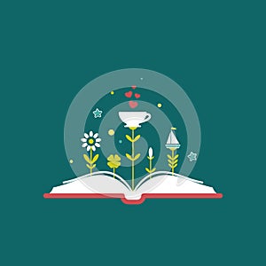Open book with grass and cup with red hearts. Isolated on blue background. bibliophile flat icon