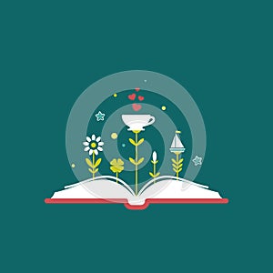 Open book with grass and cup with red hearts. Isolated on blue background. bibliophile flat icon photo