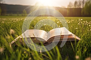 Open book on grass field and meadow background