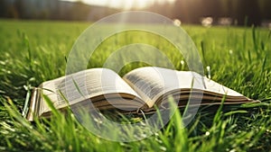 Open book on grass field and meadow background