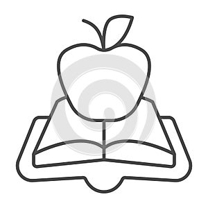 Open book green apple thin line icon, children book day concept, green apple vector sign on white background, book and