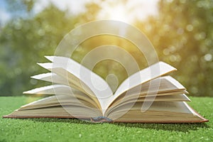 Open book on the green grass in the sun.