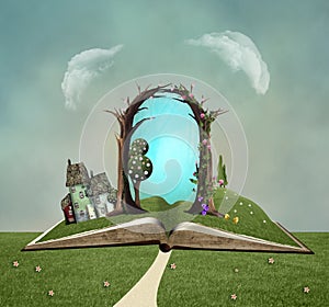 Open book with a green surreal world inside