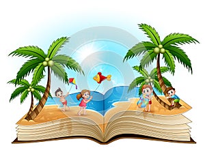 Open book with group of happy children playing on the beach