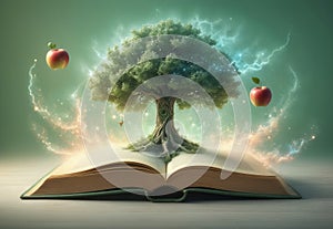 an open book with a growing tree is shrouded in magic and sorcery