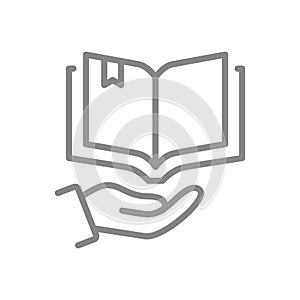 Open book on hand line icon. Encyclopedia, brainstorm, bookstore symbol