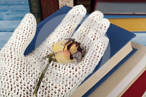 Open book, hardback books on wooden table, rose and white gloves knitted crochet Back to school. Copy space for text.