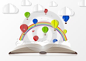 Open book with hot air balloons. Paper style. Vector