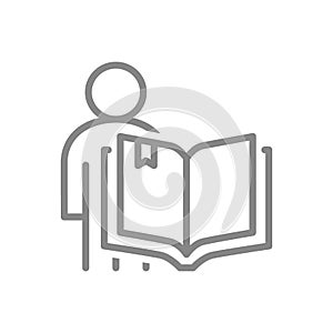 Open book with human line icon. Bookstore, education course symbol