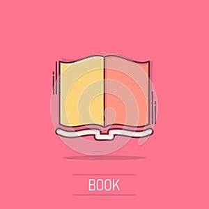 Open book icon in comic style. Literature vector cartoon illustration on isolated background. Library business concept splash