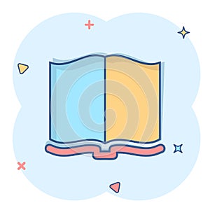 Open book icon in comic style. Literature vector cartoon illustration on white isolated background. Library business concept