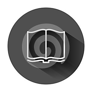 Open book icon in flat style. Literature vector illustration on black round background with long shadow. Library business concept