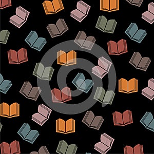 Open book icon isolated seamless pattern on black background