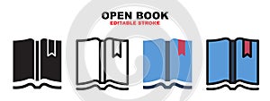 Open book icon set with different styles. Editable stroke and pixel perfect. Can be used for web, mobile, ui and more