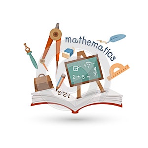 Open book and icons of mathematics photo