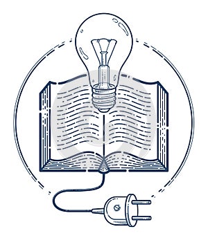 Open book with idea light bulb and cable plug vector linear icon, education and scientific literature library reading line art