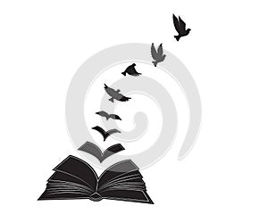 Open book illustration with flying birds silhouettes, vector, poster design isolated on white background, graphic design