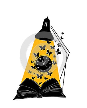 Open book illustration with flying butterflies silhouettes and a clock, vector