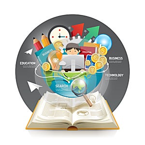 Open book infographic innovation idea on world vector illustration