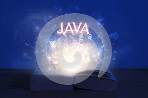 Open book with java inscription. Light coming from open book with word java. Learn programming language