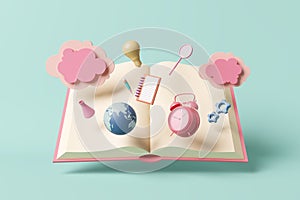 Open book kid imagine creative clock, globe, light bulb, gear, clouds magnifying glass, pencil and test tube connect world pink