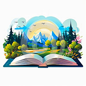 Open book with landscape and mountains in the background. Generative AI