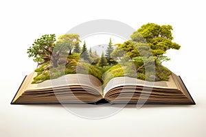 Open book with landscape of trees and grass on it. Generative AI