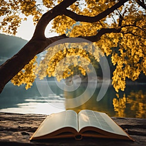 an open book laying on a rock next to a tree