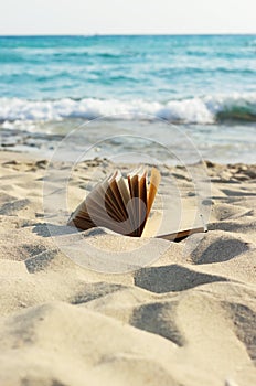 Open book laying on a sandy beach.