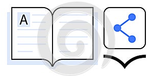 Open book with text lines and sharing icon representing knowledge and communication