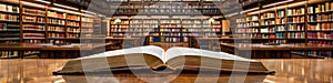 Open book in the library with bookshelf in background. Selective focus. Education concept banner.