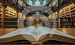 Open book in the library with bookshelf in background. Selective focus. Education concept.