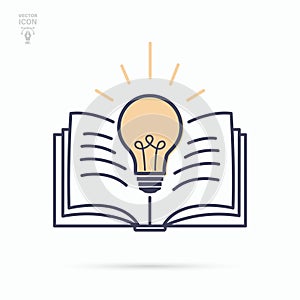 Open book with light bulb. Futuristic knowledge, inspiration, creative thinking concept. Isolated vector illustration.