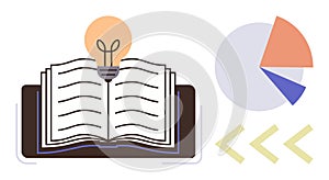 Open Book with Light Bulb and Pie Chart Representing Knowledge and Data Analysis