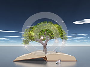 Open book with light bulb tree