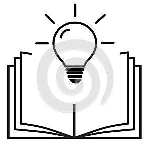 Open book with lightbulb icon on white background. concept new knowledge. flat style. open book and light bulb appears above