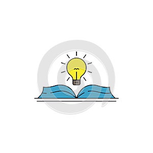 Open book with lightbulb vector icon symbol isolated on white background