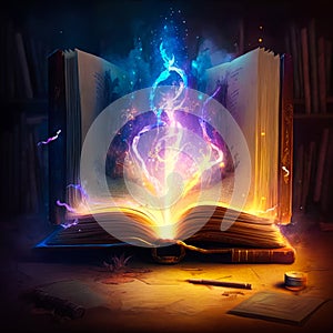 An open book with lightning coming out of it. Generative AI