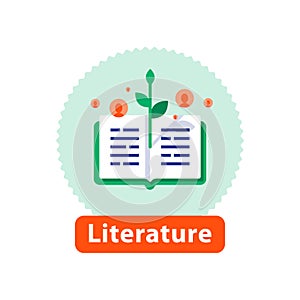 Open book, literature reading, storytelling and writing, education concept, vector icon