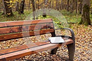 An open book lyes on a park bench seat