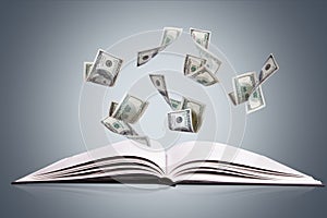 Open Book or Magazine with Flying Dollar Banknotes