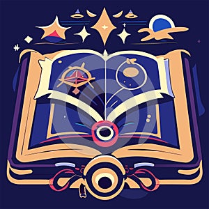 Open book with magic symbols. Vector illustration in a flat style. generative AI