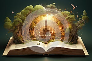 Open book with a magical forest and castle emerging from the pages