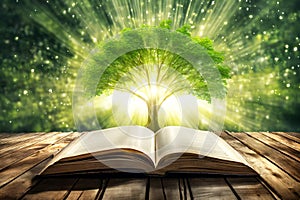 Open book with magical green tree